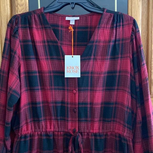 Knox Rose Festive Holiday Christmas Ruby Plaid Black V-neck Button Front Dress - Picture 3 of 11